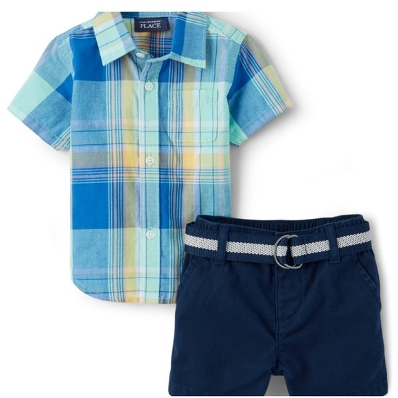Children’s place size 12-18 months plaid button down shirt & Chino short set - Picture 1 of 2